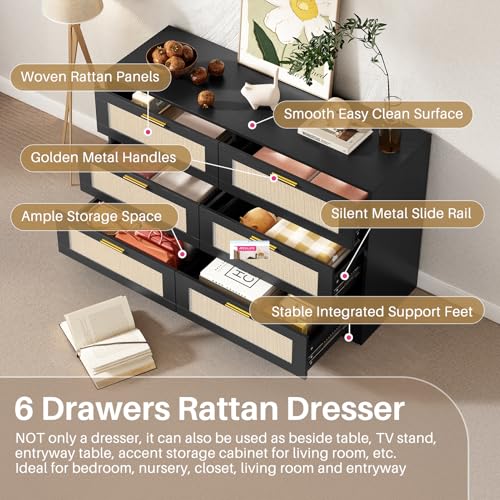 Image of Redlife 6 Drawer DresserBlack, Chest of Drawer for Bedroom, Wood Storage Boho Dresser with Golden Handles, Beside Table for Closet, Living Room, Hallway and Entryway, Black and Natural