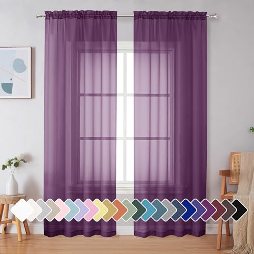 Image of Simplebrand Plum Purple Sheer Curtains 84 Inches Long 2 Panels, Light Filtering Rod Pocket Solid Color Window Sheer Curtain Panels, Elegant Curtains & Drapes for Living Room, Bedroom, 42 inch W x 84 inch L