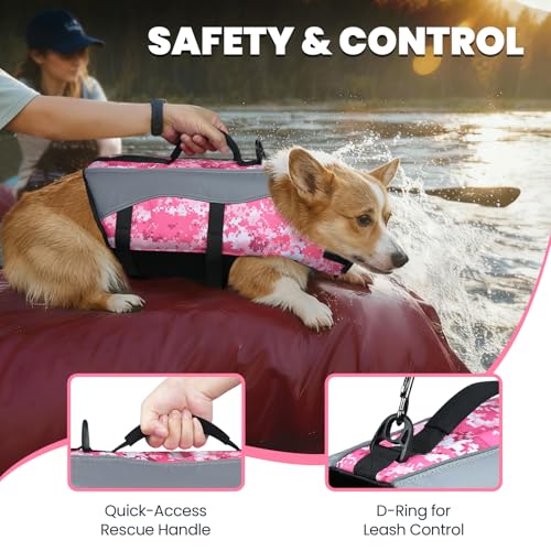 Image of VIVAGLORY Dog Life Vest Front Float Dog Swim Vest, M, Camo Pink | Life Jacket with Chin Float & Handle for Swimming & Boating, High Visibility Adjustable for Doggy Cat Puppy
