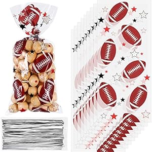 Blulu 100 Pieces Football Treat Bags Football Candy Favor Bags Heat Sealable Football Cellophane Bags Football Party Goody Bags with 100 Pieces Silver Twist Ties for Football Party Favors