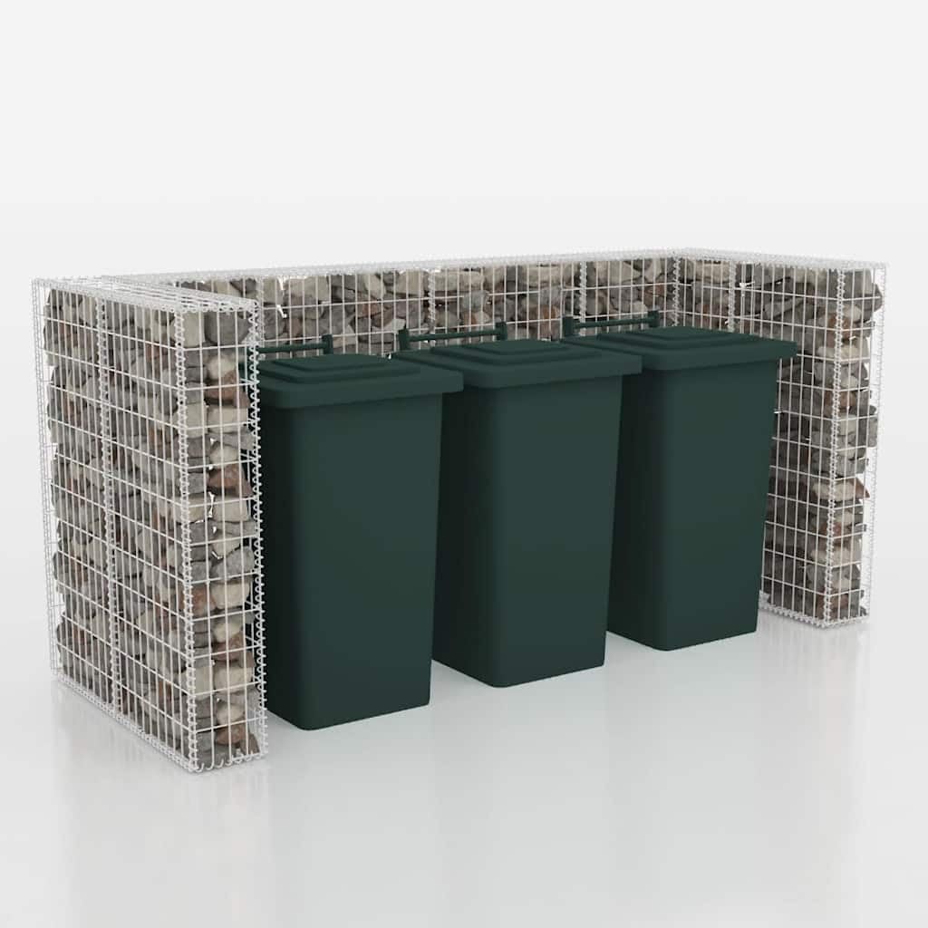 Gabionen-Mülltonnenverkleidung aus verzinktem Stahl für 3 Mülltonnen 250 x 100 x 120 cm, Mülltonnenbox für Garten und Vorgarten mit wetterfester Abdeckung