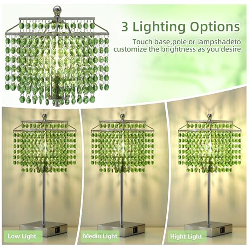 Image of Luvkczc Crystal Table Lamp with Touch Control, Bedside Crystal Table Lamp | with USB C+A Ports,Dimmable Lamp for Girls Bedroom, Living Room, Green & B11 LED Bulb Included