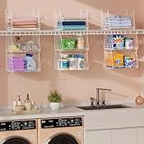 3-Tier Hanging Laundry Basket Organizer：Foldable Wire Shelf Laundry Room Organizer with 360°Rotating Hooks Small Space Solutions Closet Hanging Organizer - Laundry Organization, White Patent