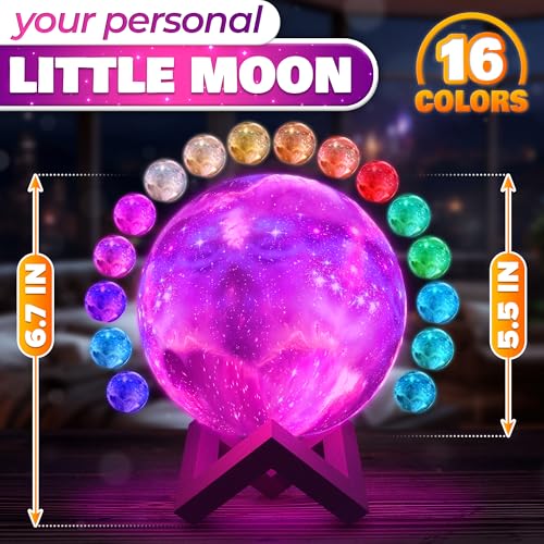 Image of Galaxy Lamp, LED Moon Nightlight 5.9 inch - 16 Colors, 4 Modes Mesmerizing Moon Night Light Globe With Touch & Remote Control, Wooden Stand, USB Charging - 3D Printed LED Night Light with Realistic Design