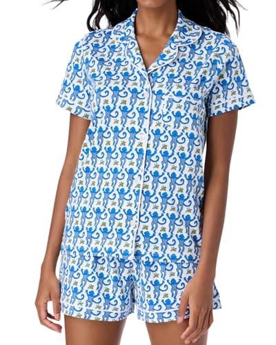 Zelbuck Womens Pajamas Set 2 Piece Button Down Monkey Bunny Shorts Set Y2k Roller Dupes Rabbit Preppy Loungewear Pjs Blue, XX-Small