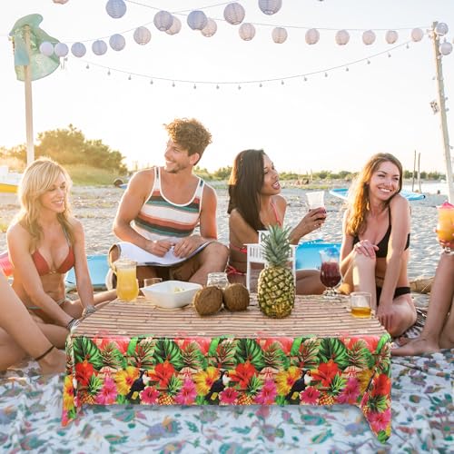 Image of Kochorie 100 Ft X 54 Inch Hawaiian Luau Party Tablecloth Roll with Cutter Box, Disposable Plastic Hawaii Tiki Totem Table Cover, Aloha Tropical Floral Table Decorations for Summer Beach Pool Birthday