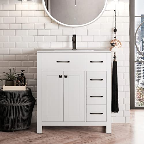 Eclife 30" Bathroom Vanity Cabinet With Undermount Vessel Sink Combo, Modern Mdf Cabinet With Metal Faucet, 2 Doors & 3 Drawers, White #TOP29