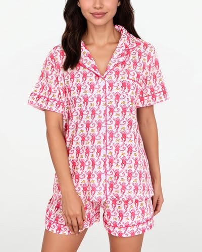 Women's Pajamas Set Button Down Ladies Summer Pajamas Monkey Printed Sleepwear Short Sleeve 2 Pc Pjs for Birthday Gift3