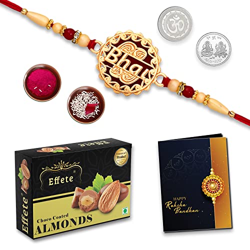 Image of DeoDap Multicolor Bhai Coded Rakhi Bracelet Roli with Chocolate Almonds 32gm, Silver Pooja Coin, Tilak Set, Greeting Card - Rakhi Gift for Brother
