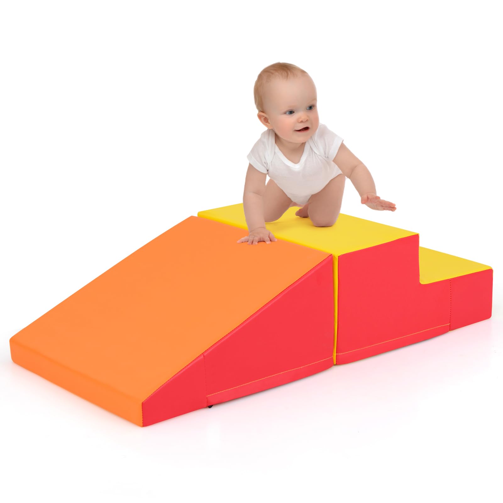 COSTWAY Set 4 Blocchi Di Schiuma Per Arrampicata Per Bambini - Tunnel, Scivolo, Gradino E Mezza Luna, Morbidi E Sicuri, Giocattoli Da Interno Per Sviluppo Motorio, Gialli - 2