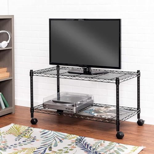 Image of Premium Heavy-Duty 2-Tier Black Metal Wire Storage Rack Shelf Organizer | Adjustable Multipurpose Freestanding Shelving Unit for Home, Office, Kitchen | Size 14 inch D x 24 inch W x 16.3 inch H Inch