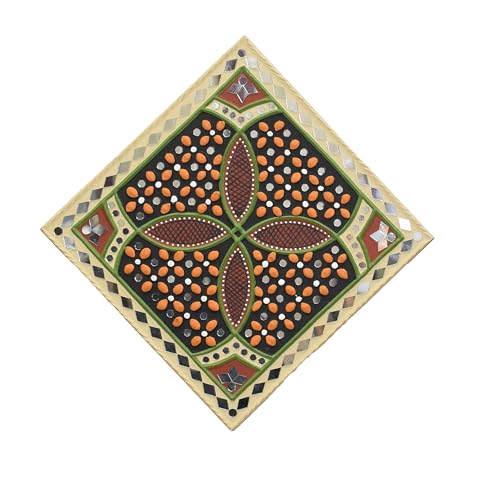 Image of Ethnics of Kutch Traditional Kutch Handicraft Mud-Mirrorwork Lippan Kam Wall Art (Water and Break Resistant) - Square (12 inch x 12 inch) - (Cream LKT-0264)