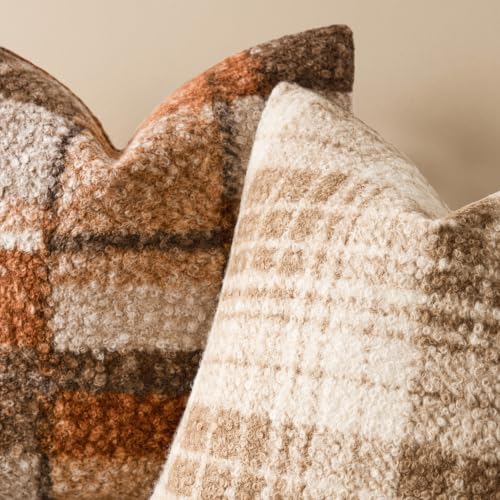 Image of Foindtower Pack of 2 Soft Faux Fur Boucle Throw Decorative Pillow Covers Fuzzy Accent Check Cushion Sherpa Boho Farmhouse Pillowcase for Couch Sofa Bed Living Room Home Decor 18x18 Inch,Autumnal