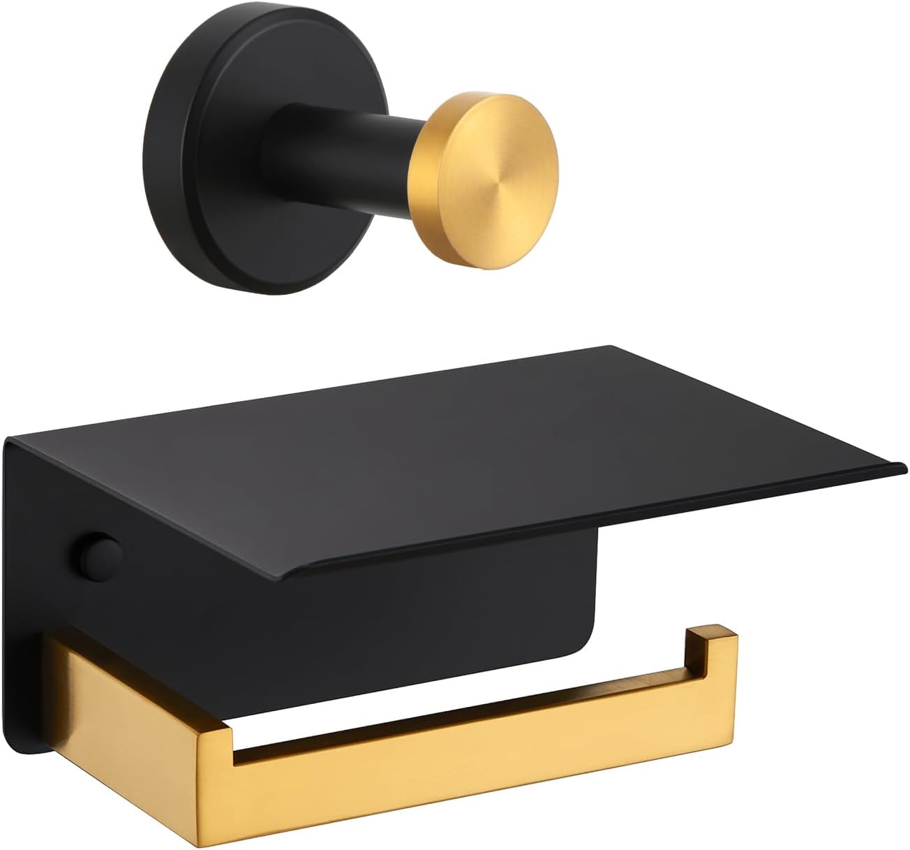 Angle Simple Bathroom Towel Hook Bundle with Toilet Paper Holder with Shelf (Black & Gold)