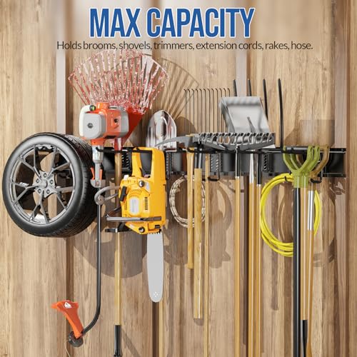Volitaous-64Inch-Garage-Garden-Tool-Organizer-Wall-Mount-Heavy-Duty-Garage-Storage-Rack-Adjustable-Mix-12PC-Metal-Hooks-for-Yard-Tool-Organizer-Garden-Tool-Rack-Max-400Lbs