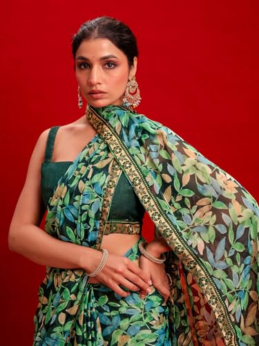Image of SIRIL Women's Chiffon Printed Saree With Unstitched Blouse Piece