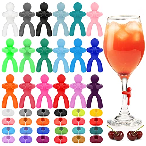 Cersaty 44 Pièces Marqueur pour Verre - Réutilisables pour Vin, Champagne, Cocktail, Martini - Silicone (Couleur Mélangée)