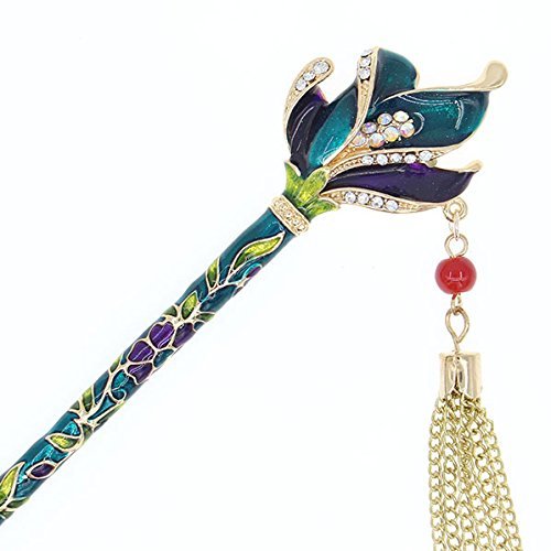 FINGER LOVE Cloisonne Enamel Floral Hair Stick Rhinestones and Tassels (Floral Petals, Green)