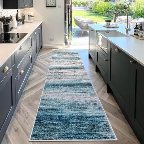 KOZYFLY Modern Abstract Hallway Runner Rug, 2.6x10 Washable Rug Runner Non-Slip Soft Striped Kitchen Runner Rugs, Print Distressed Blue Carpet Runner for Entryway Bathroom Laundry Room Foyer