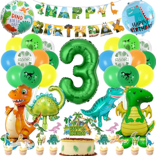 Decoration Anniversaire Dinosaure 3 Ans, XXL Ballons Dinosaure 3 Ans Garçon, avec Décoration de Gâteaux, Happy Birthday Bannière, pour Vert Jungle Thème Deco Anniversaire Fête Garçon Enfants