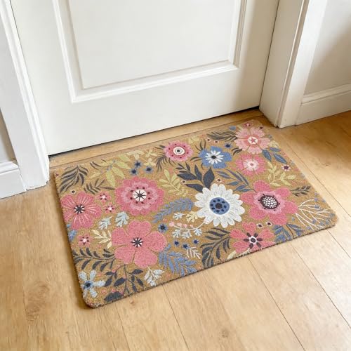 Image of Door Mat Indoor Outdoor Entrance, 43x75 cm Faux Coir Front Door Mats with Thick Bristles, Decorative Colorful Spring Flower Doormat Inside, Non Slip Backing Outside Welcome Rug for Door Decor
