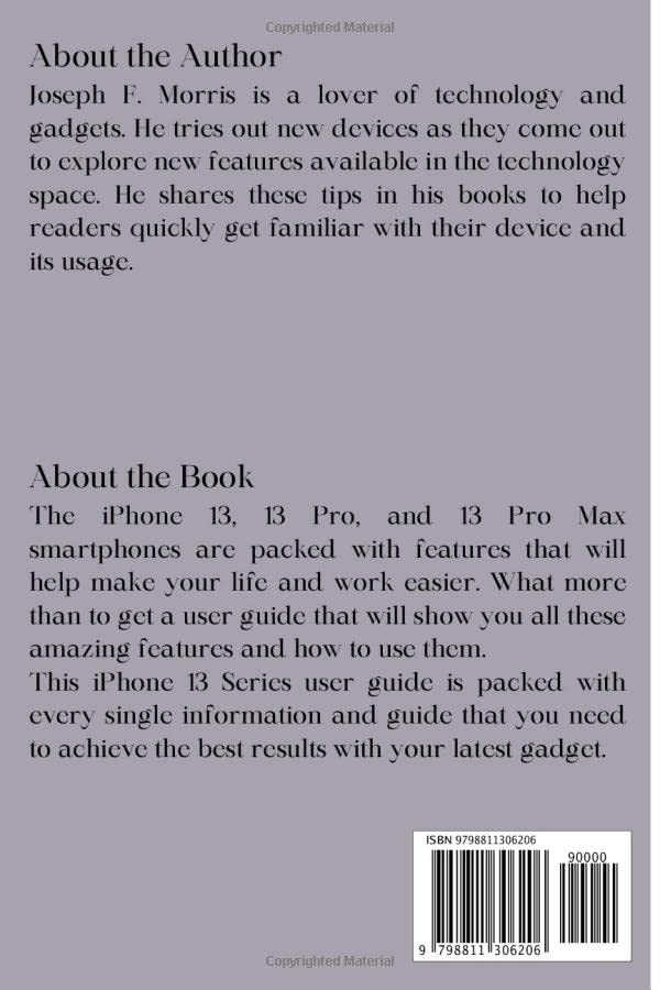 Back cover of 'iPhone 13 User Guide For Seniors' book, with 'About the Author' and 'About the Book' sections and ISBN barcode.