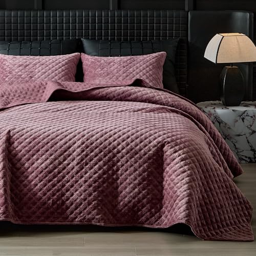 WARMDERN Velvet Quilt Queen Size, Luxury Geometric Stitch Quilt Set, Lightweight Diamond Patterned Bedspread and Coverlet, Soft Comforter for All Seasons, Purple, 90" x 96"