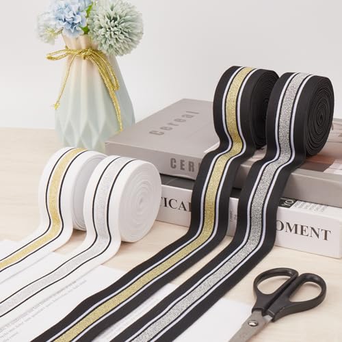 GORGECRAFT 4.3m 40mm Wide Gold and White Striped Elastic Band Black Flat Stretchy Webbing Sewing Knitting Strap Trim Ribbon for DIY Craft Waistband Headband Bags Garments Accessory - Image 4