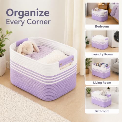Image of 25.4GAL Collapsible Cotton Rope Extra Large Storage Basket For Bedroom Closet, Boho Rectangular Short Hamper Woven Storage Baskets for Living Room Throw Pillows Blankets Dirty Clothes, White Purple