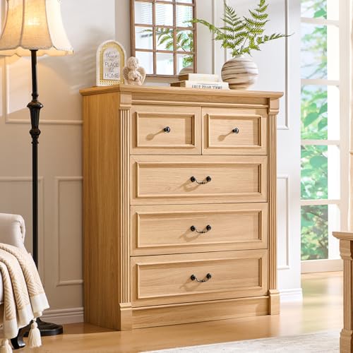 Image of 5 Drawers Dresser for Bedroom, Farmhouse 46 inch Tall Dressers & Chests of Drawers w /Roman Column, Wood Rustic Closet Dresser w /Two Different Drawer Sizes for Bedroom, Living Room, Natrual