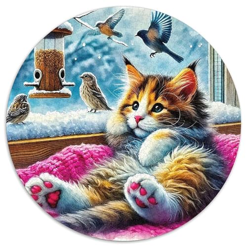 Puzzle de 1000 piezas redondo de gato con diseño artístico de ventana invernal