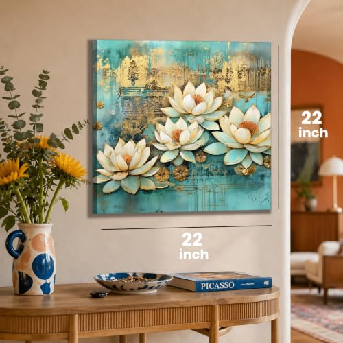 Image of PAINTINGMANTRA White Lotus Flower Canvas Wall Art Painting for wall decoration, Lotus floral Stretched Canvas Painting for living room, bedroom, Home and Office, 22x22 Inch