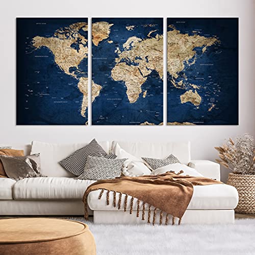 Sami Eymur Navy Blue World Map Wall Art Print - Grunge Map On Canvas Gallery Wall Set Of 3 Panels Gift For Traveler, Large Abstract World Map For Living Room Dining Room Kitchen Office Decor Code:7 #TOP3