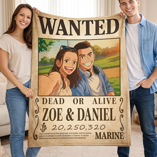 Hicustore Custom Anime Wanted Couple Throws Blanket,Personalized Wanted Poster Blankets,Portrait