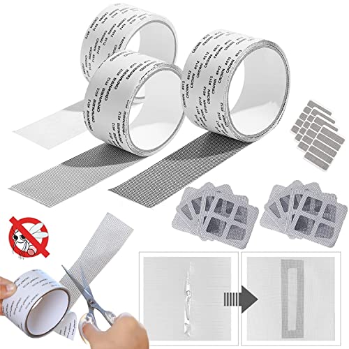 網戸補修テープ 網戸補修シート 2M×5cm 3巻セット 超強粘着力 自由裁断 網戸パッチ 防虫網 黒 白 グレー 網戸シール10枚+窓の排水穴シール4枚付き 防水 通気性が良い 網戸修理テープ 虫よけ 蚊避け 網戸の破れを修復 虫の侵入を防ぐ 簡単取り付