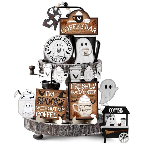 Wonderjune 19 Pcs Halloween Tiered Tray Decor Ghost Coffee Bar Decorations