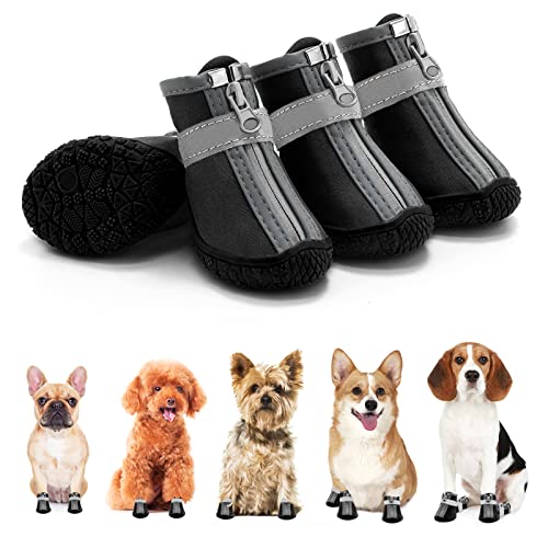 Dog Shoes for Small Dogs, Waterproof Dog Boots Paw Protector for Hot Pavement Winter Snow, Dog Booties with Reflective Strips Rugged Anti-Slip Sole for Hardwood Floors Outdoor Walking Black