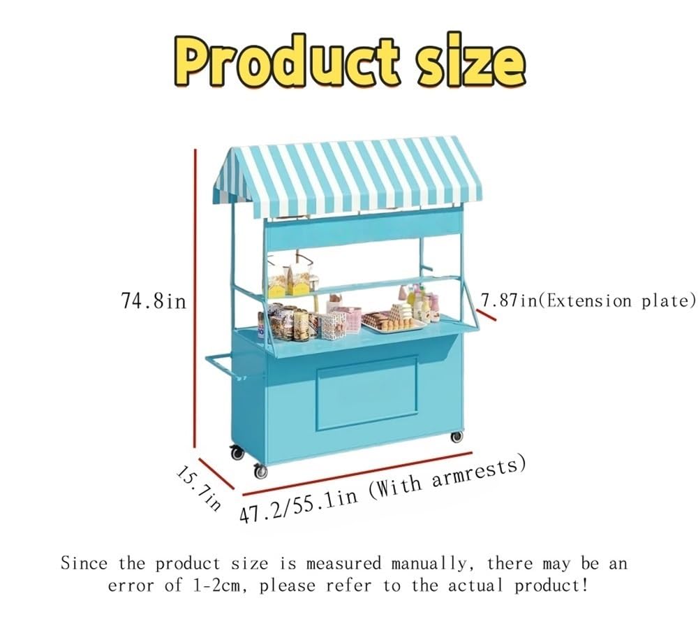 Carrello leggero in ferro con tettoia a righe e ruote, portatile, per il mercato degli agricoltori, carrello creativo per cibo da strada con scatola portaoggetti per eventi (140 x 190 cm)