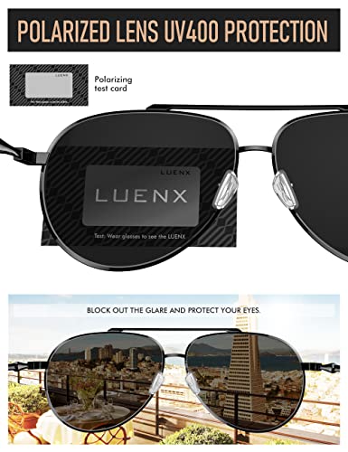 Image of LUENX Men Women Aviator Sunglasses Polarized - UV 400 Protection Black Non Mirror Lens Metal Frame with case 60mm