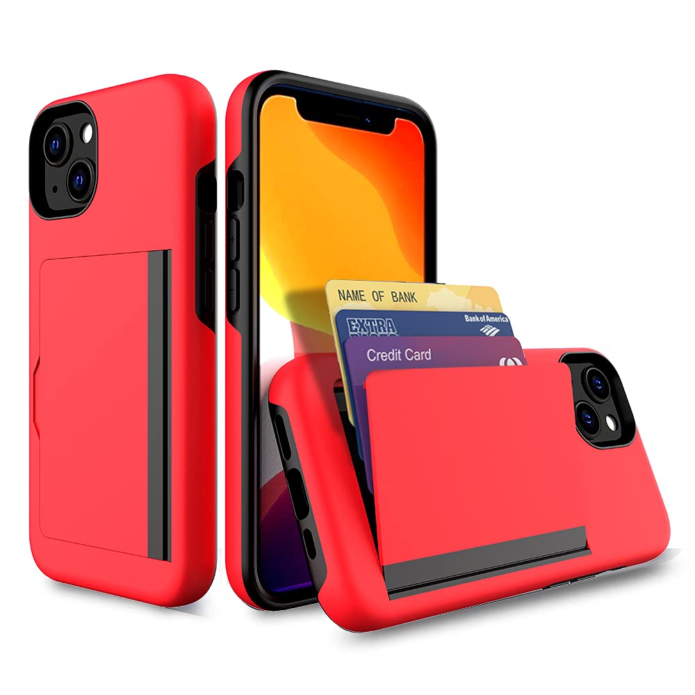 FDTCYDS iPhone 13 6.1 inch Edition Case with Card Holder,Shockproof Armor Silicone Hybrid Rugged Protective Wallet Cover Case for iPhone 13 6.1 inch Edition Not for iPhone 13 Pro - Red
