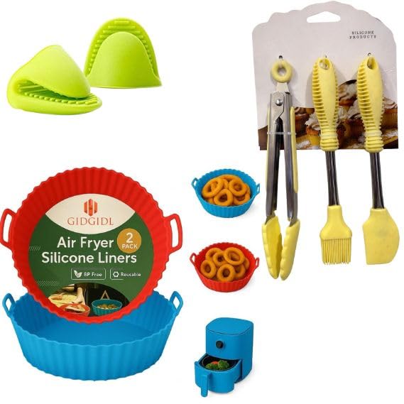 Image of Silicon Air Fryer Tray with Oil Spray Bottle, Basting Brush, Spatula and Heat-Resistant Gloves (P2 New Brush)
