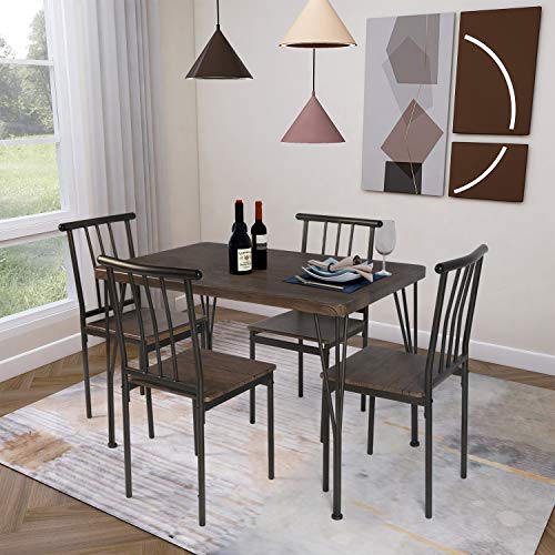 LAZZO 5 Piece Dining Table Set, Wooden Kitchen Table Set with Metal Frame, Rectangular Dining Room Table and 4 Chairs Set for Breakfast Nook,Home, Dinette, Kitchen Studio (Brown)