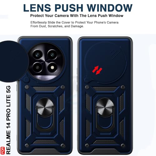 Image of AESTMO Tough Armor Realme 14 Pro Lite 5G Bumper Back Case Cover | Ring Holder & Sliding Camera Shield Cover | 360 Degree Protection Back Case Cover for Realme 14 Pro Lite 5G (Blue)