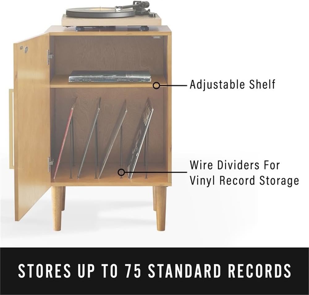 Pemberly Row Contemporary Wood Record Player Stand, Acorn Brown Finish, 33.5 in H x 20.75 in W x 16 in D, MDF/Birch Veneer with Solid Rubberwood, Mid-Century Media Cabinet with Vinyl Storage