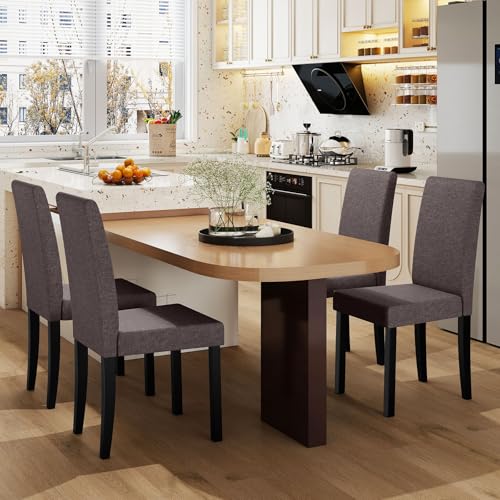 Image of COSTWAY Fabric Armless Dining Chairs Set of 4, Upholstered Kitchen Side Chair w /Rubber Wood Legs, Padded Seat & High Backrest, Mid-Century Modern Accent Chairs for Living Room Restaurant (Brown)