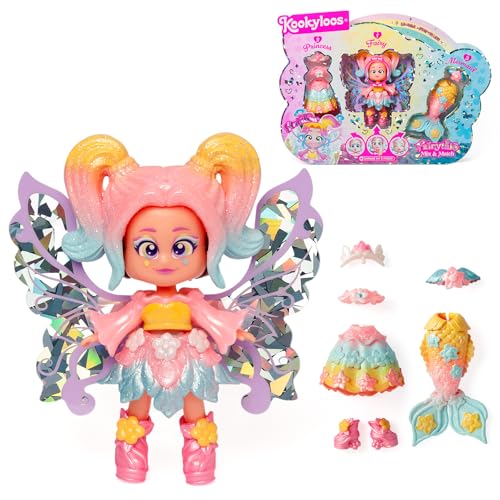KOOKYLOOS Fairytale Mix & Match Rainbow – Muñeca 3 en 1 de temática fantasía. Contiene 1 muñeca, 1 Outfit de Princesa, 1 Outfit de Sirena y 1 Outfit de Hada