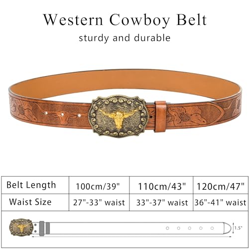 Mens-Western-Cowboy-Belt - Longhorn-Bull-Pattern-Buckle-Belt Floral-Engraved-Buckle-Belt Fit 25" to 38" Waist3