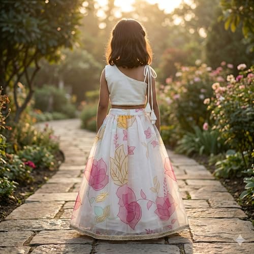 Image of Girls Floral Lehenga Choli Set | Georgette Embroidery Blouse with Organza Printed Lehenga Skirt | Elastic Waist Pull-On Kids Ethnic Wear for Wedding, Festival & Party