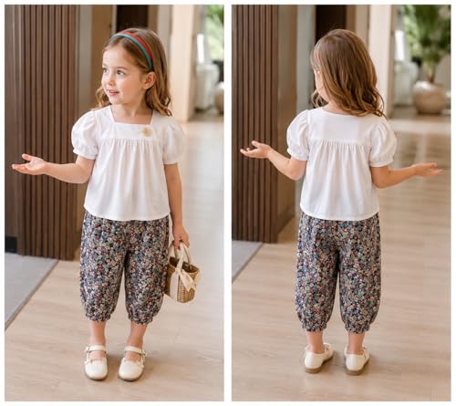 Image of Bold N Elegant Girls Floral Print Balloon Sleeve T-Shirt Top and Capri Shorts Summer Clothing Set for Infant Toddler Baby Girls