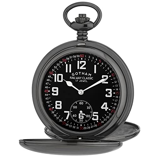 Gotham Men's Gun-Tone Railroad Dial Double Hunter 17 Jewel Mechanical